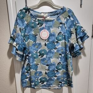 Umgee Floral Blouse With Ruffle Sleeves,  Lightweight Textured Size Small NWT